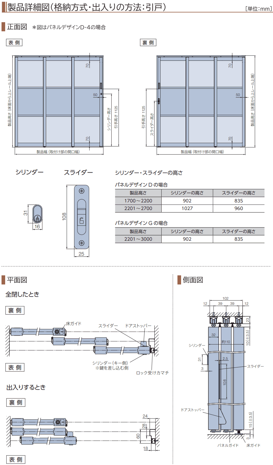 製品詳細図（格納方式・出入りの方法：引戸）